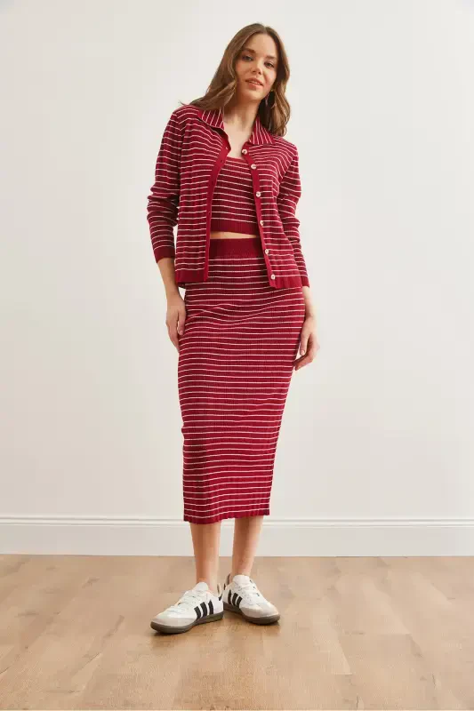 Ayol Bordo 3 qismli chiziqli trikotaj kostyum TKM-19000322-Bordo - 7