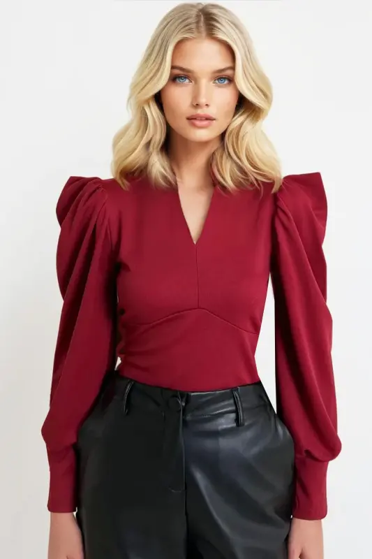 Ayol Bordo Hakam Yaka malika Qўl Tўqima Crop Bluz ALC-X9659-BORDO - 1