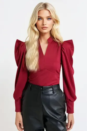 Ayol Bordo Hakam Yaka malika Qўl Tўqima Crop Bluz ALC-X9659-BORDO - 3