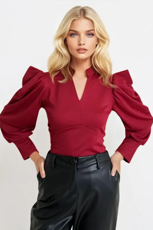 Ayol Bordo Hakam Yaka malika Qўl Tўqima Crop Bluz ALC-X9659-BORDO - 4