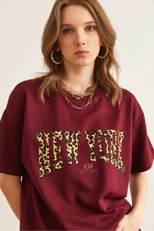 Ayol Bordo Leopard Nyu-York bosmali 2 Ip Qulay Qoli - 3