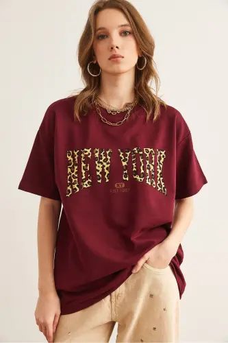 Ayol Bordo Leopard Nyu-York bosmali 2 Ip Qulay Qoli - 5