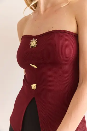 Ayol Bordo Madonna Yoqali Tugma Tafsilotli Crop Bluz B - 4