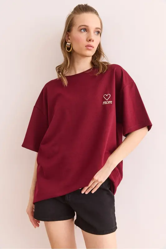 Ayol Bordo Mom naqshli 2 Ip Oversize футболka TS - 3