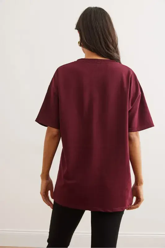 Ayol Bordo Old, Orqa Bosmali 2 ipdan Unisex Katta o'lchamli Futbolka TSH-19000696-Bordo - 2