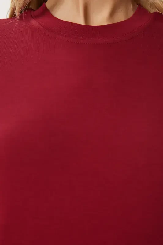 Ayol Bordo Oq 2'li Paket Paxta Basic Trikotajli Futbolka AG00002-Bordo Oq - 4