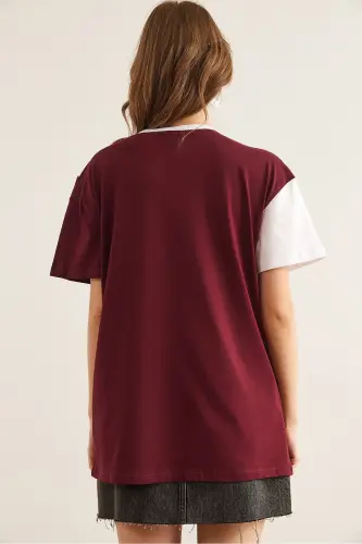 Ayol Bordo Oq Asimmetrik Blokli Futbolka TSH-1900 - OLALOOK (1)