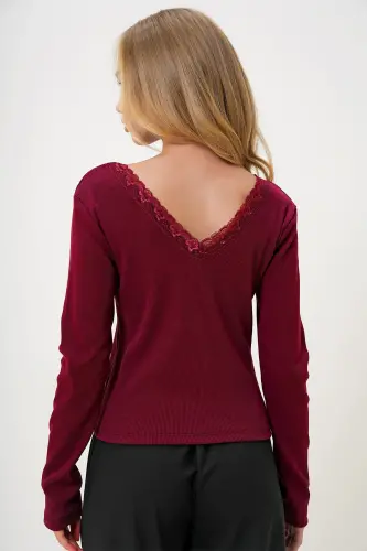 Ayol Bordo Orqa Old V Yoqali To‘rli Tafsilotli Bluz ALC-X11246-Bordo - 6