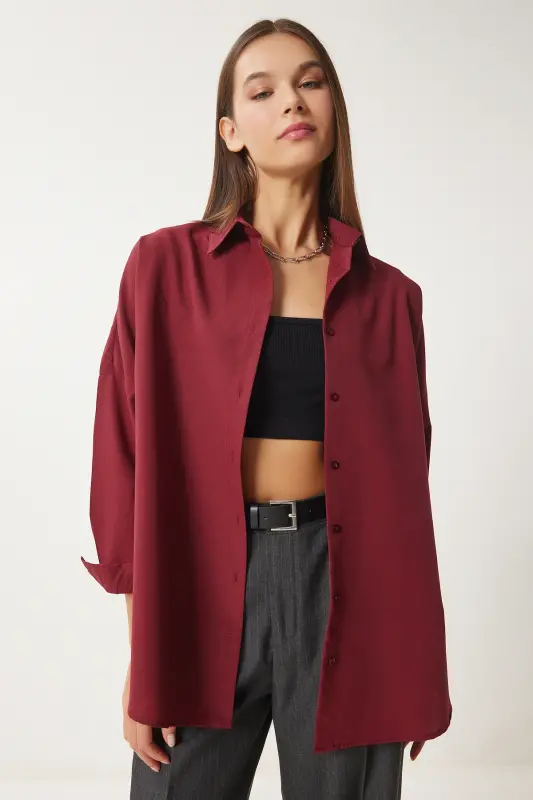 Ayol Bordo Oversize Uzun Basic Ko‘ylak DD00842 - Bordo - 1