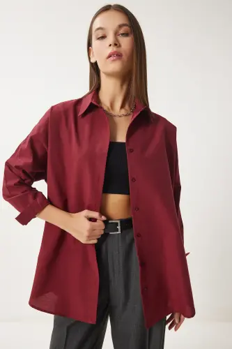 Ayol Bordo Oversize Uzun Basic Ko‘ylak DD00842 - Bordo - 2