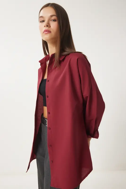 Ayol Bordo Oversize Uzun Basic Ko‘ylak DD00842 - Bordo - 3