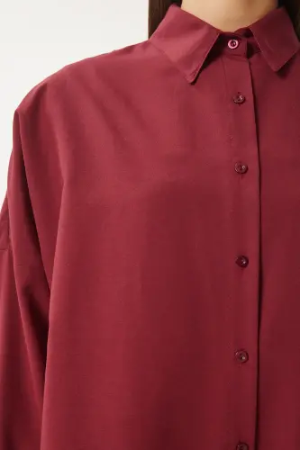 Ayol Bordo Oversize Uzun Basic Ko‘ylak DD00842 - Bordo - 4