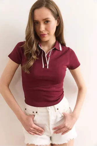 Ayol Bordo Polo Yoqali Qisqa Paxta Bluz BLZ-19002942 - 4