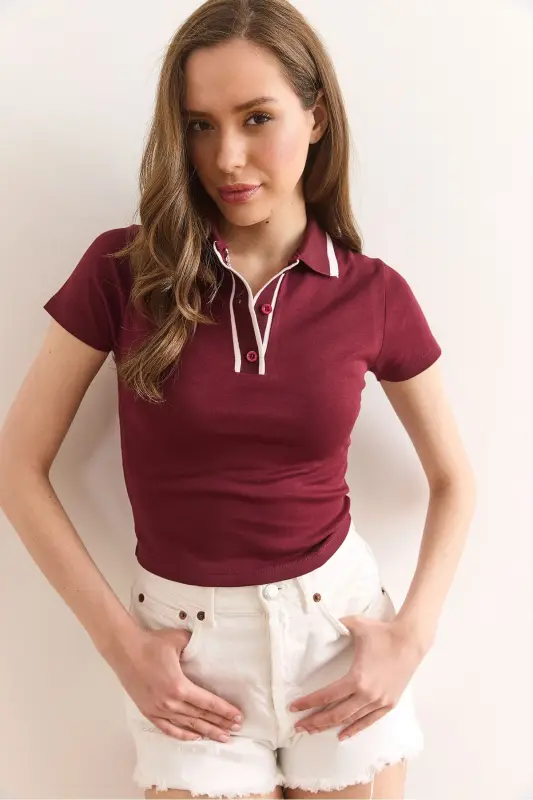 Ayol Bordo Polo Yoqali Qisqa Paxta Bluz BLZ-19002942 - 4