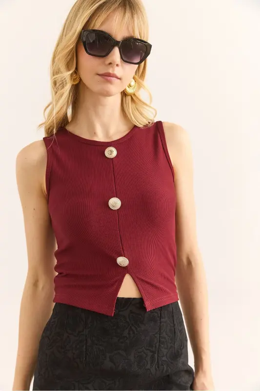 Ayol Bordo Tilla Tugmachali Fitilli Crop Bluz BLZ-190 - 1