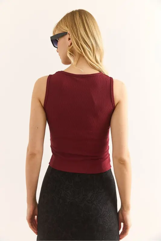 Ayol Bordo Tilla Tugmachali Fitilli Crop Bluz BLZ-190 - 5