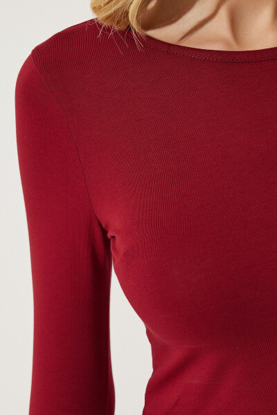 Ayol Bordo Velosiped Yoqası Asosiy Crop Trikotaj Bluz OW00034 - 5