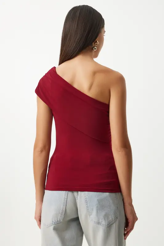 Ayol Bordo Yagona Yelkali Burmali Trikotaj Bluz DZ00112-Bordo - 6