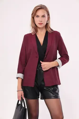 Ayol Bordo Yengi Ichki Chiziqli Bitta Tugmali Kurtka ARM-22K001122-Bordo - ARMONIKA (1)