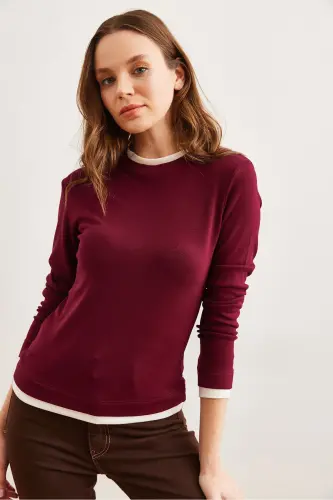 Ayol Bordo Yoqa va Etek Garnili Soft Touch Cho'ziluvchan Bluz BLZ-19002802-Bordo - 11