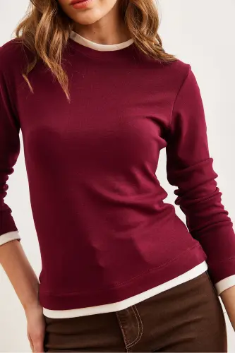 Ayol Bordo Yoqa va Etek Garnili Soft Touch Cho'ziluvchan Bluz BLZ-19002802-Bordo - 12