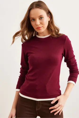 Ayol Bordo Yoqa va Etek Garnili Soft Touch Cho'ziluvchan Bluz BLZ-19002802-Bordo - OLALOOK (1)