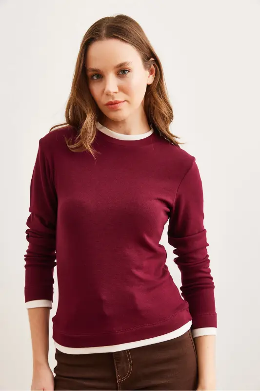 Ayol Bordo Yoqa va Etek Garnili Soft Touch Cho'ziluvchan Bluz BLZ-19002802-Bordo - 3