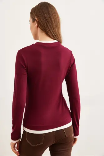 Ayol Bordo Yoqa va Etek Garnili Soft Touch Cho'ziluvchan Bluz BLZ-19002802-Bordo - 7