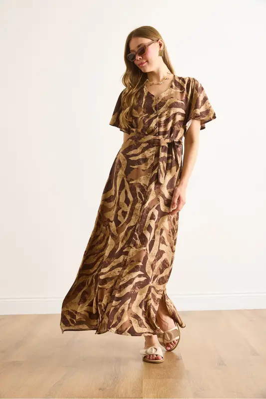 Ayol Camel Jigarrang Tugmali Kamarli Maksi Viskoza Ko'ylak Libos ELB-19002382-Camel Jigarrang - 2