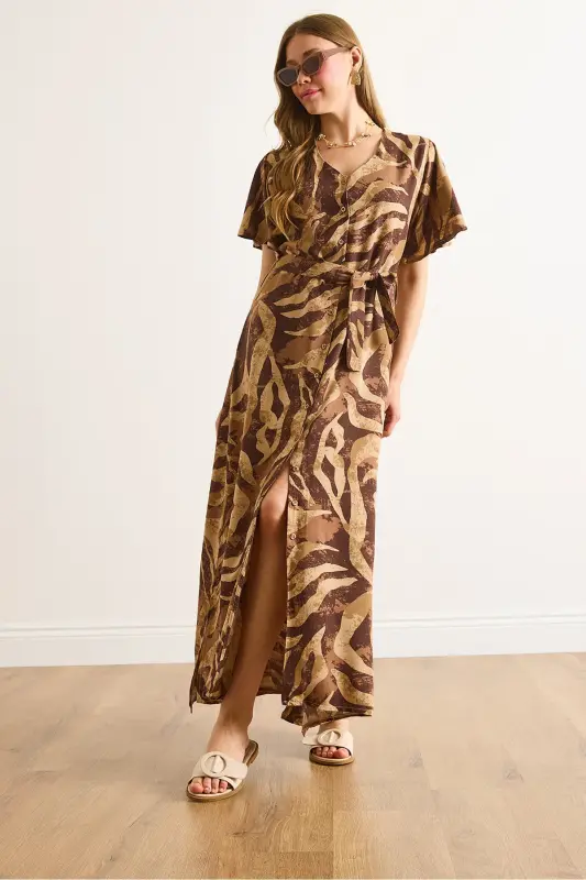 Ayol Camel Jigarrang Tugmali Kamarli Maksi Viskoza Ko'ylak Libos ELB-19002382-Camel Jigarrang - 3