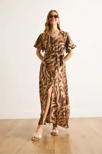 Ayol Camel Jigarrang Tugmali Kamarli Maksi Viskoza Ko'ylak Libos ELB-19002382-Camel Jigarrang - 4