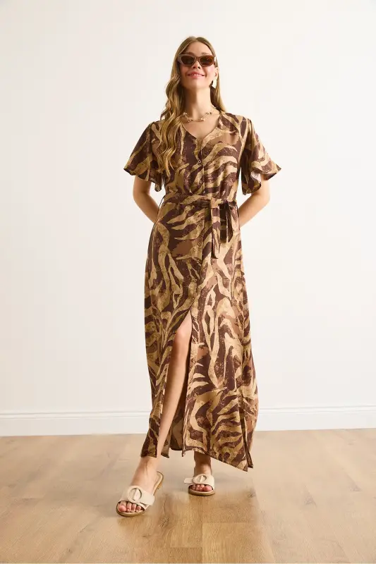 Ayol Camel Jigarrang Tugmali Kamarli Maksi Viskoza Ko'ylak Libos ELB-19002382-Camel Jigarrang - 4