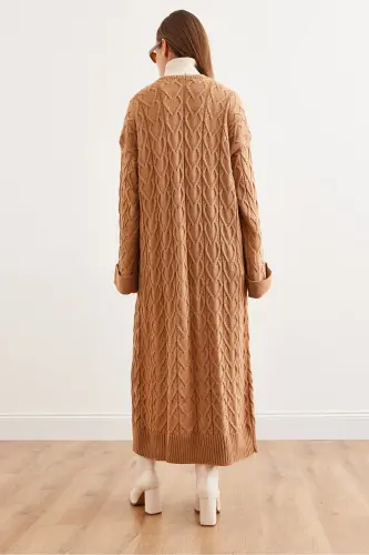 Ayol Camel soch o'rimi manjet qatlamali Maksi Triko Kardigan HRK-19000327-Camel - 8