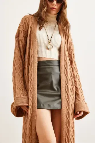 Ayol Camel soch o'rimi manjet qatlamali Maksi Triko Kardigan HRK-19000327-Camel - 7