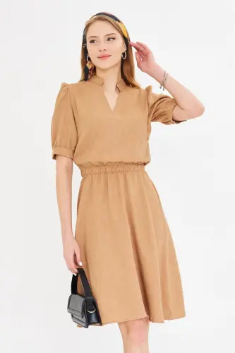 Ayol Camel V yoqali bel lastikli qisqa yengli kloş E - 3