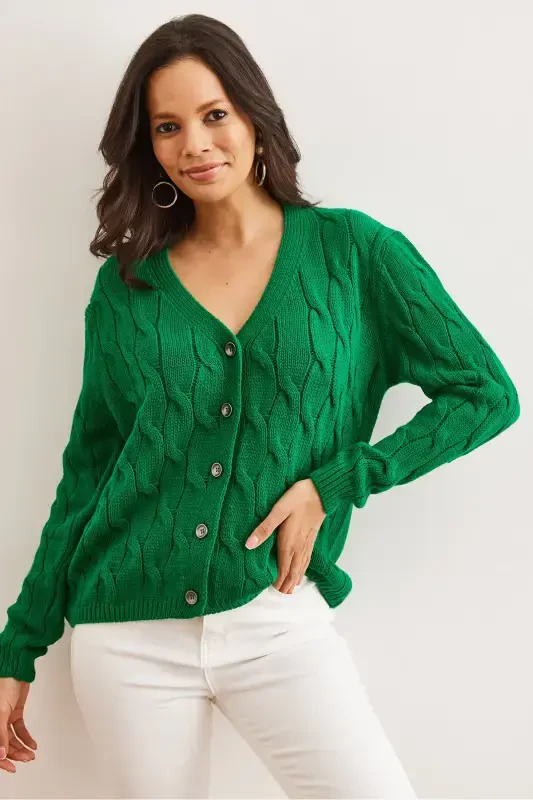 Ayol Çimen Yeşili Soch O'rgan Triko Kardigan HRK-19000298-Çimen Yeşili - 2