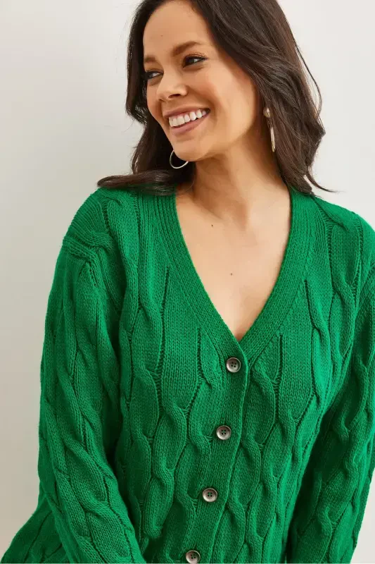 Ayol Çimen Yeşili Soch O'rgan Triko Kardigan HRK-19000298-Çimen Yeşili - 5