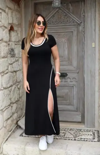 Ayol Dumaloq Ribana Yoqali Oq Yirtqich Batafsil Viskoza To'liq Bo'yli Ko'ylak - 1