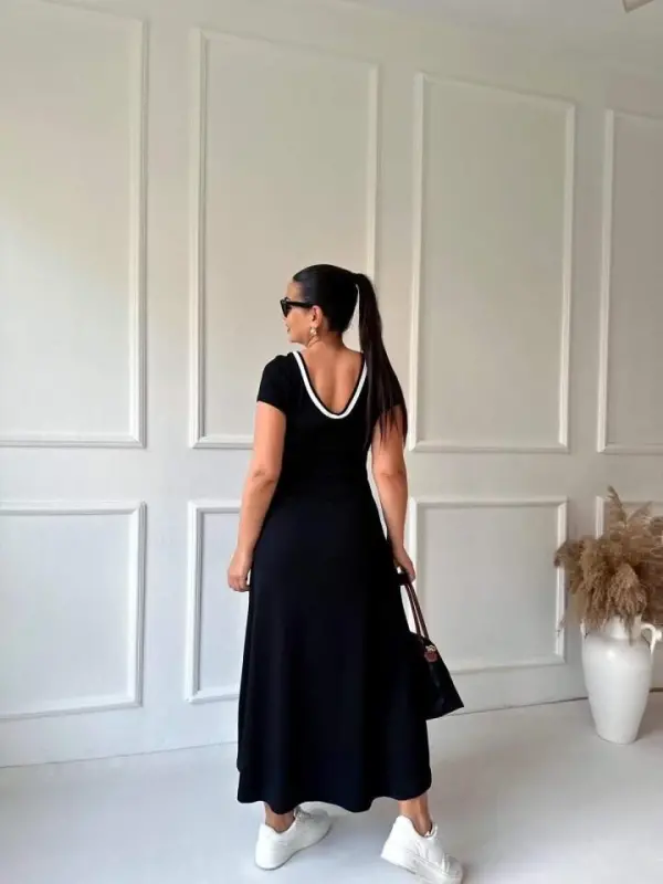 Ayol Dumaloq Ribana Yoqali Oq Yirtqich Batafsil Viskoza To'liq Bo'yli Ko'ylak - 10