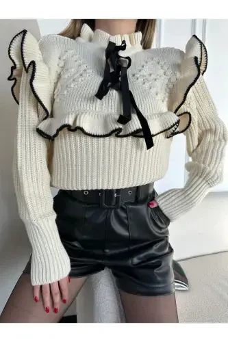 Ayol Ekru burmali batafsil Saloniki to'quv kozok-Ekru - 6