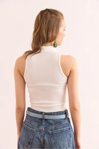Ayol Ekru Ikki tomonlama fermuarli Fitilli Crop Blu - 5