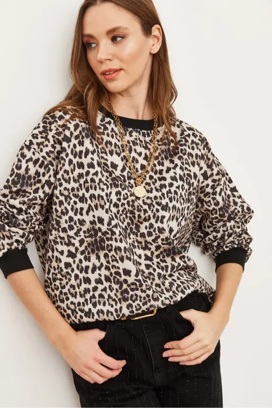 Ayol Ekru Leopard Basic Yumshoq Dokulu Salaş Sweatshirt SWT-19000457-Ekru Leopard - 5