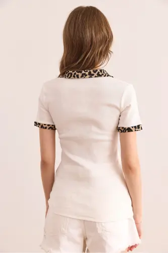 Ayol Ekru Leopard Polo Yoqali Rang Tafsilotli Elastik Paxta - 2