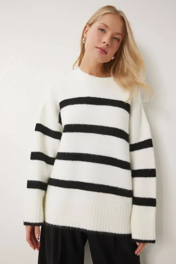 Ayol Ekru Qora Velosiped Yoqali Chiziqli Triko Ko'ylak PF00107 - 2