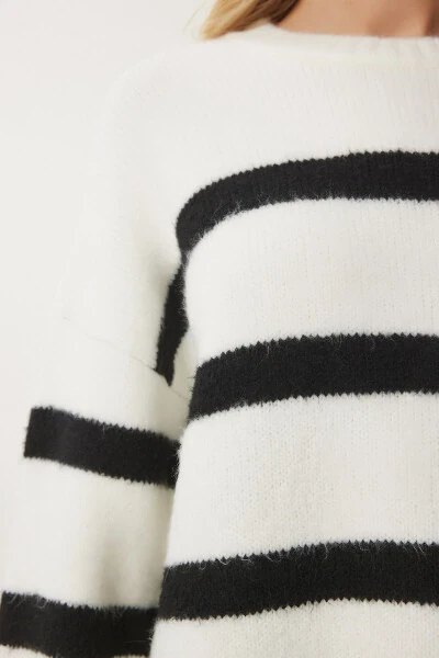 Ayol Ekru Qora Velosiped Yoqali Chiziqli Triko Ko'ylak PF00107 - 3