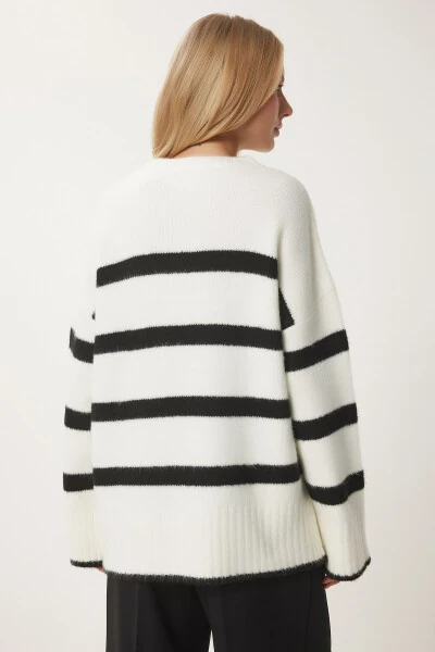 Ayol Ekru Qora Velosiped Yoqali Chiziqli Triko Ko'ylak PF00107 - 4