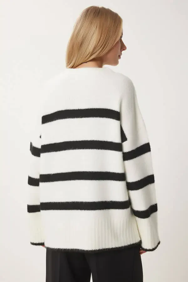 Ayol Ekru Qora Velosiped Yoqali Chiziqli Triko Ko'ylak PF00107 - 4