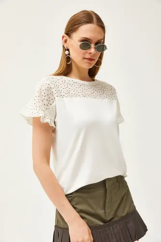 Ayol Ekru Ustı Fisto Yoqalı Volanlı T-shirt BLZ-190 - 4