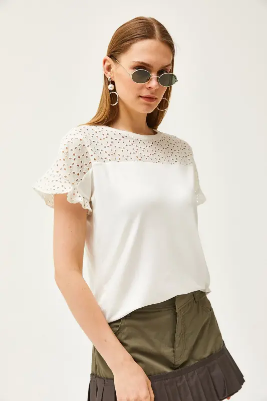 Ayol Ekru Ustı Fisto Yoqalı Volanlı T-shirt BLZ-190 - 4