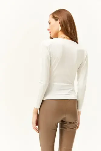 Ayol Ekru Vatkalı Pileli Degaje Yoqali Bluz BLZ-19002419-Ekru - 5